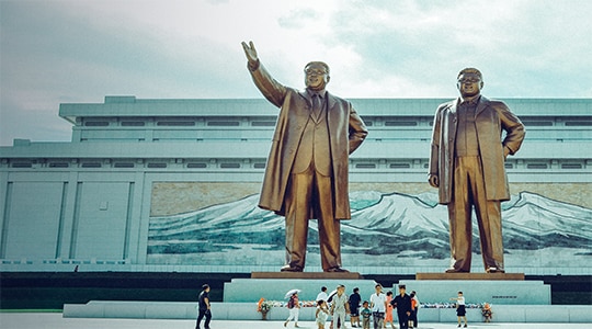 Statues of bronze monument to Kim Il-sung and Kim Jong-il in North Korea