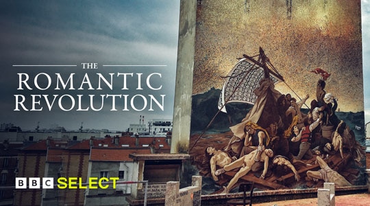 Art frieze on building in cityscape to showcase title The Romantic Revolution