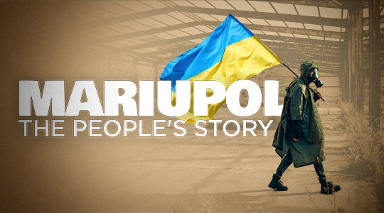 Man in a gas mask carrying the Ukrainian flag